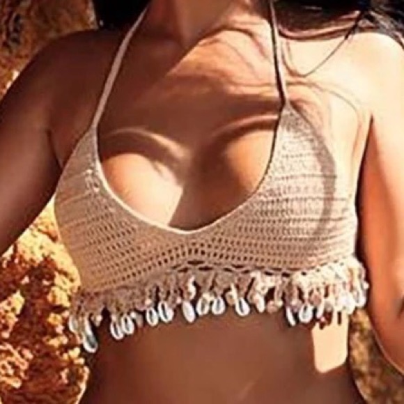 NWT S/M M/L crochet cowrie shell cheekini gold-beige wide thong low rise bikini - Picture 8 of 10